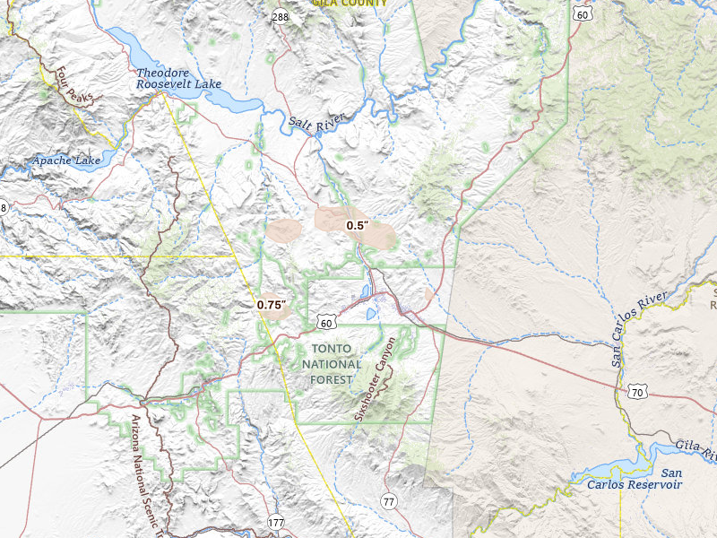 Radar-estimated hail-size map of the storm over Globe, AZ on Jul 21, 2026