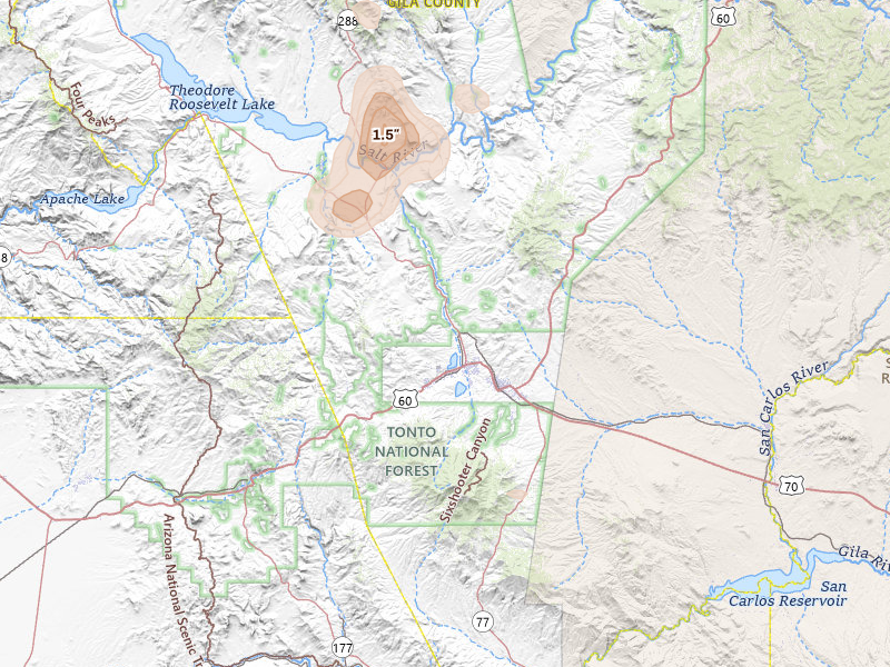 Radar-estimated hail-size map of the storm over Globe, AZ on Jul 25, 2026