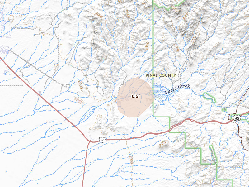 Radar-estimated hail-size map of the storm over Gold Canyon, AZ on Aug 10, 2026