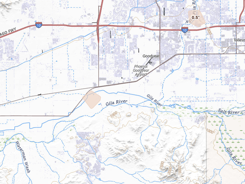Radar-estimated hail-size map of the storm over Goodyear, AZ on Aug 10, 2026