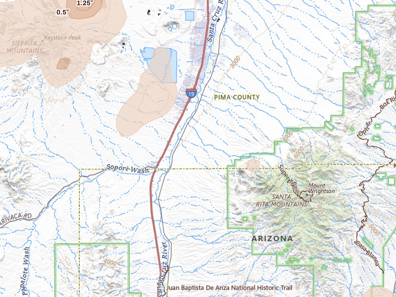 Radar-estimated hail-size map of the storm over Green Valley, AZ on Aug 5, 2026