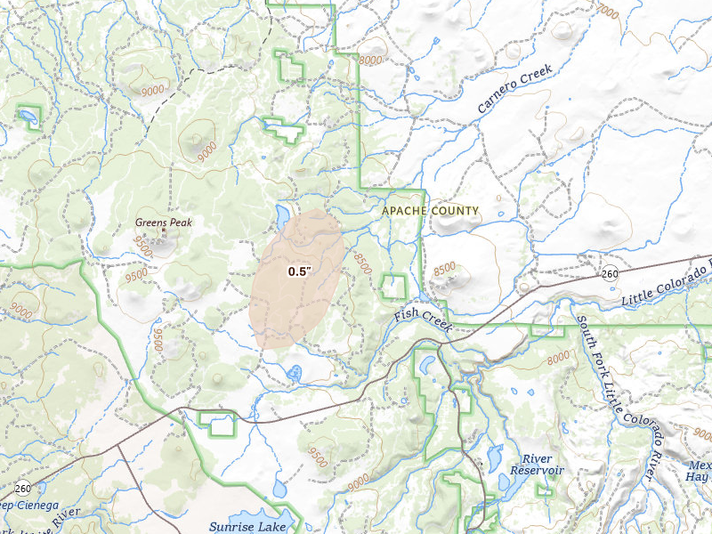 Radar-estimated hail-size map of the storm over Greer, AZ on Jul 30, 2026