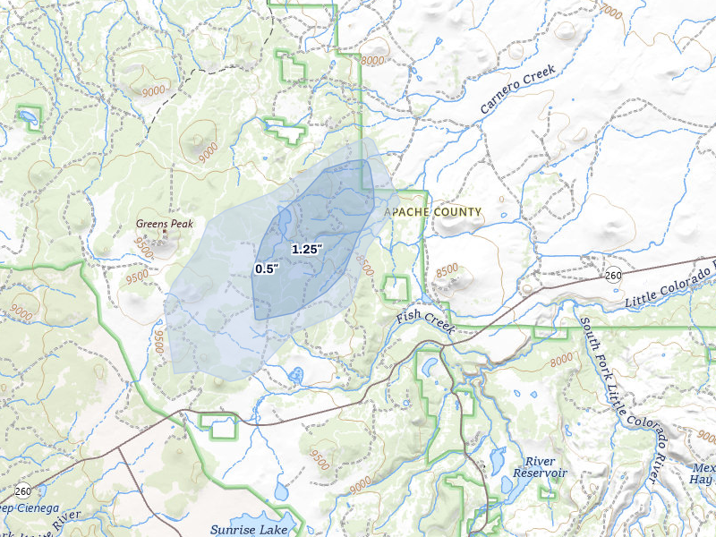 NEXRAD radar-signature map of the hail storm over Greer, AZ on Jul 30, 2026