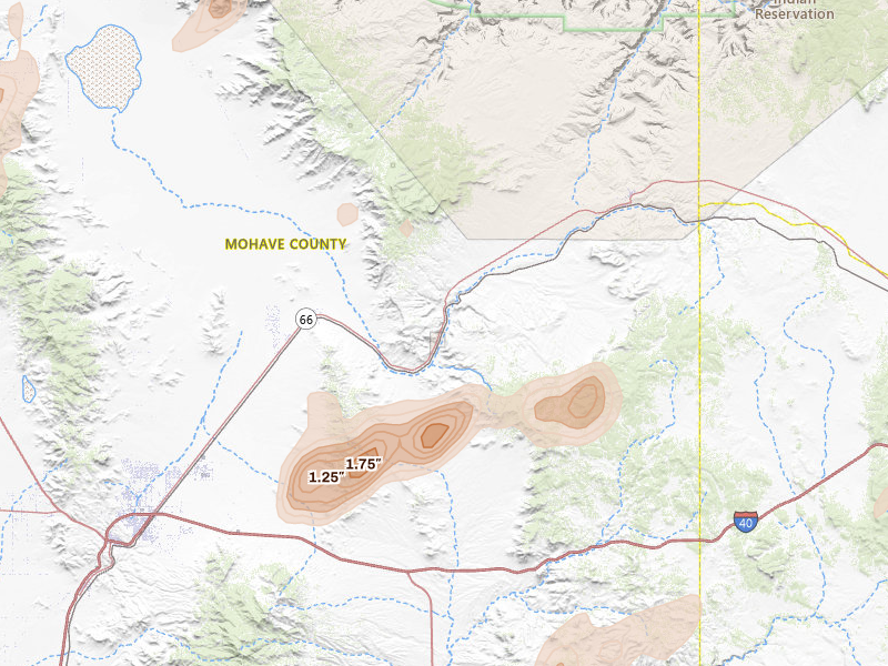 Radar-estimated hail-size map of the storm over Hackberry, AZ on Aug 14, 2026