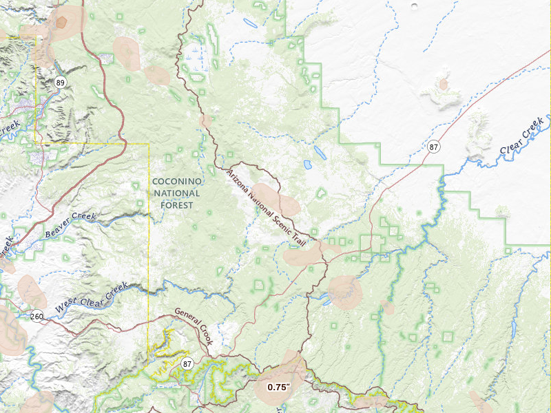 Radar-estimated hail-size map of the storm over Happy Jack, AZ on Aug 6, 2026