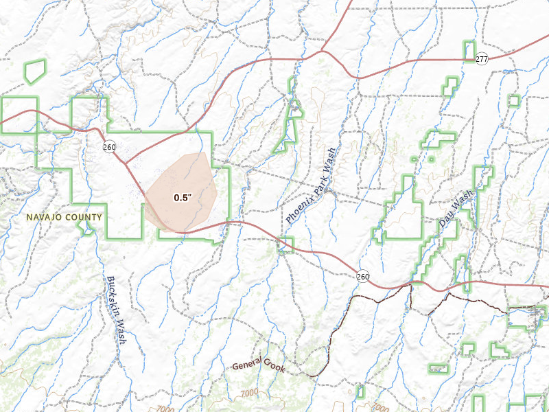 Radar-estimated hail-size map of the storm over Heber, AZ on Jul 9, 2026