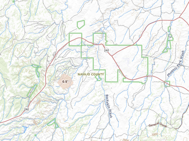 Radar-estimated hail-size map of the storm over Heber, AZ on Aug 3, 2026