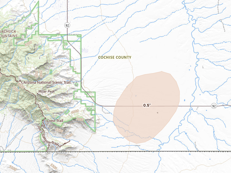 Radar-estimated hail-size map of the storm over Hereford, AZ on Jun 24, 2026