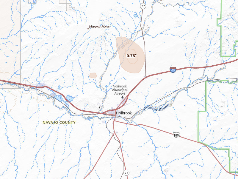 Radar-estimated hail-size map of the storm over Holbrook, AZ on Jul 15, 2026
