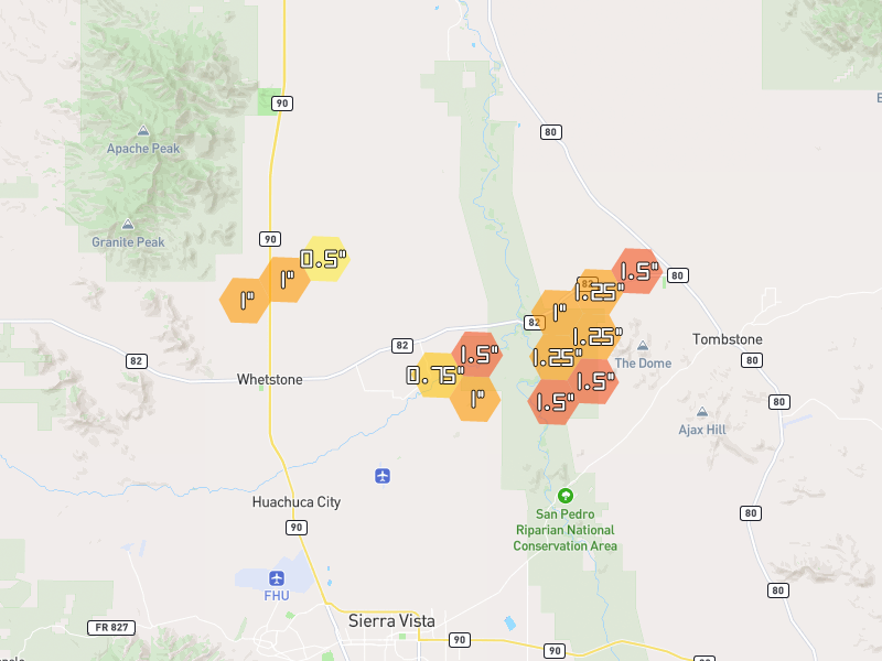 Hail map of Huachuca City, AZ on Jul 11, 2026, hail up to 1.5"