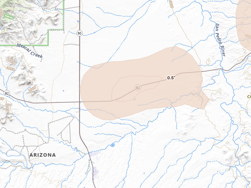Radar-estimated hail-size map of the storm over Huachuca City, AZ on Aug 3, 2026