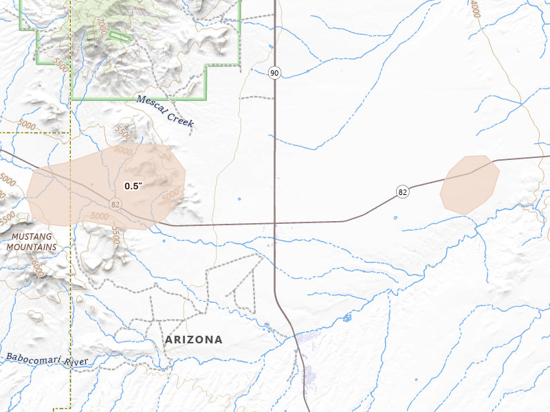 Radar-estimated hail-size map of the storm over Huachuca City, AZ on Aug 5, 2026