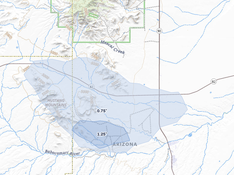 NEXRAD radar-signature map of the hail storm over Huachuca City, AZ on Aug 5, 2026