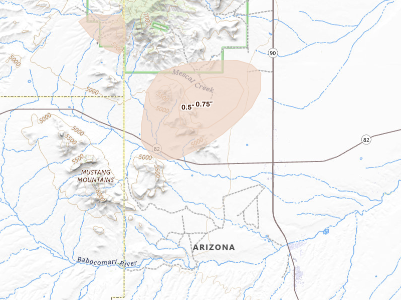 Radar-estimated hail-size map of the storm over Huachuca City, AZ on Aug 19, 2026