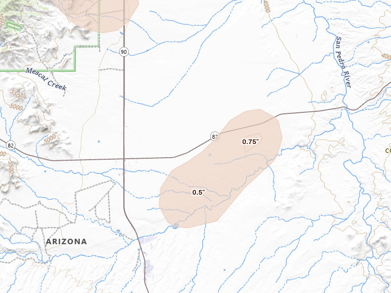 Radar-estimated hail-size map of the storm over Huachuca City, AZ on Aug 27, 2026