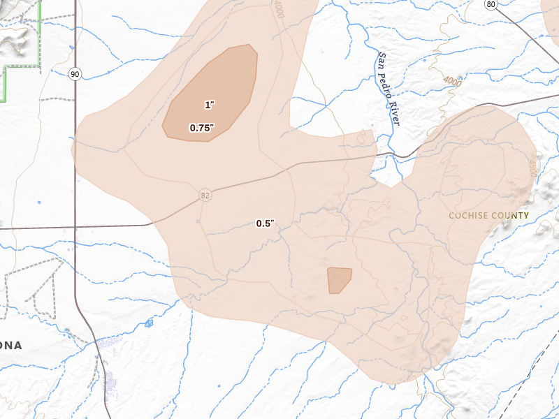 Radar-estimated hail-size map of the storm over Huachuca City, AZ