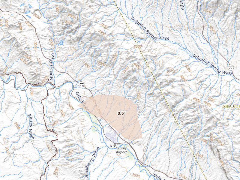 Radar-estimated hail-size map of the storm over Kearny, AZ on Jul 13, 2026