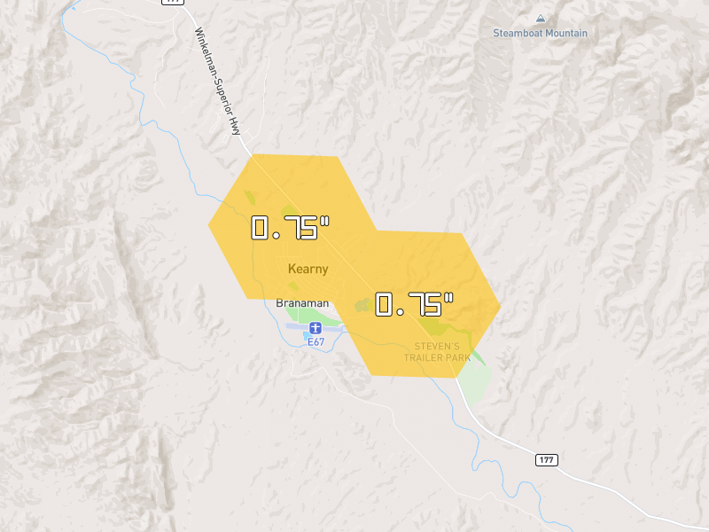 Hail map of Kearny, AZ on Jul 13, 2026, hail up to 0.75"