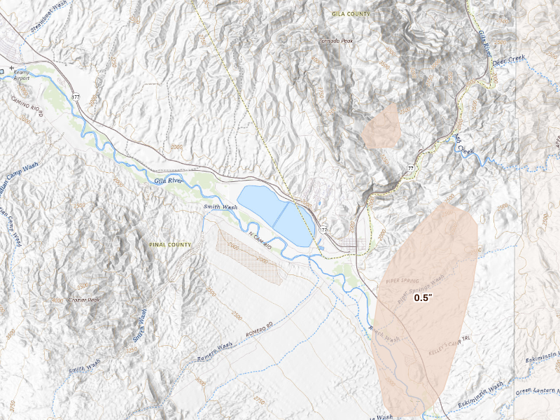 Radar-estimated hail-size map of the storm over Kearny, AZ on Sep 13, 2026