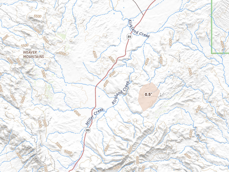 Radar-estimated hail-size map of the storm over Kirkland, AZ on Jul 15, 2026