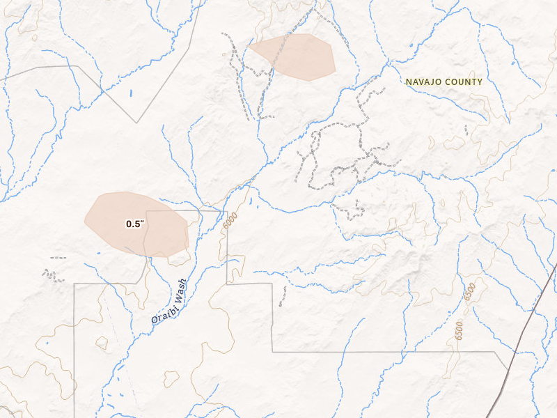 Radar-estimated hail-size map of the storm over Kykotsmovi Village, AZ on Jul 20, 2026