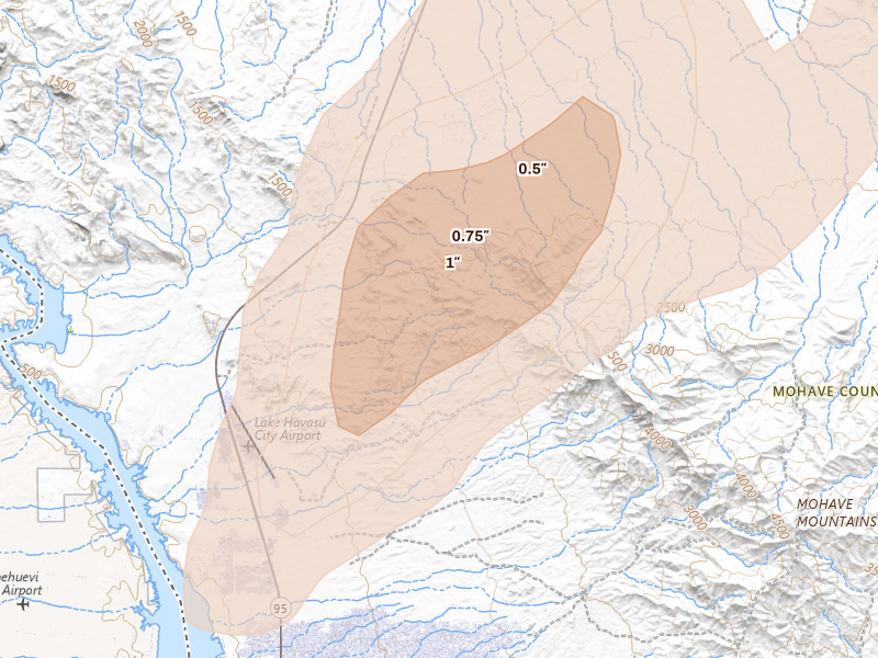 Radar-estimated hail-size map of the storm over Lake Havasu City, AZ on Aug 30, 2026