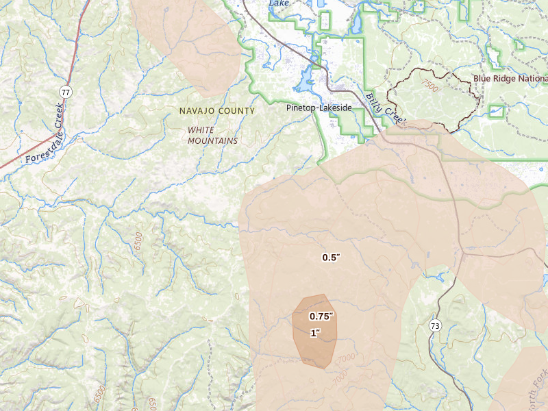 Radar-estimated hail-size map of the storm over Lakeside, AZ on Aug 5, 2026