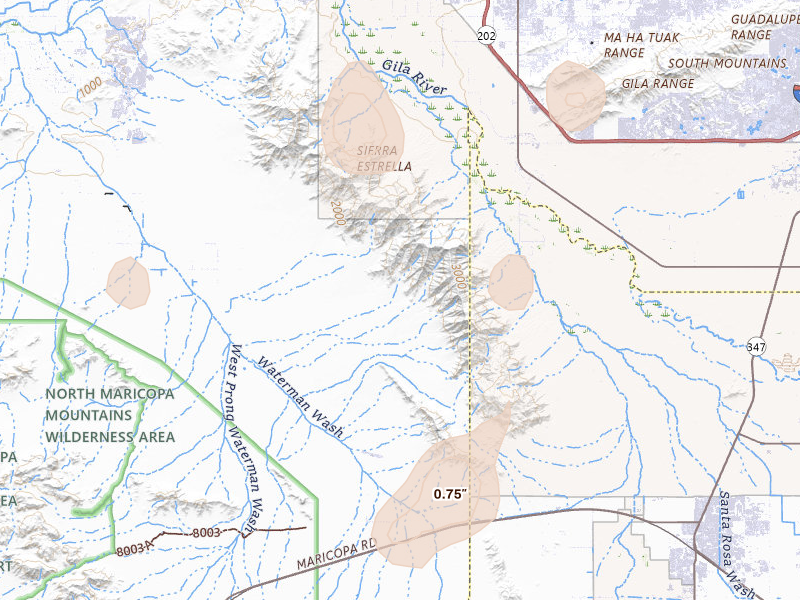 Radar-estimated hail-size map of the storm over Laveen, AZ on Aug 13, 2026