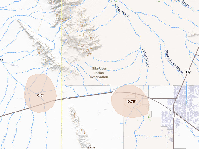 Radar-estimated hail-size map of the storm over Laveen, AZ on Aug 23, 2026