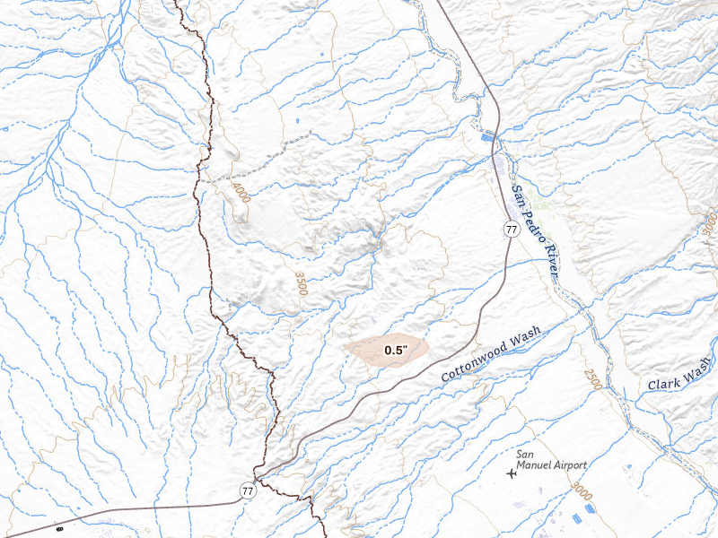 Radar-estimated hail-size map of the storm over Mammoth, AZ on Jul 13, 2026