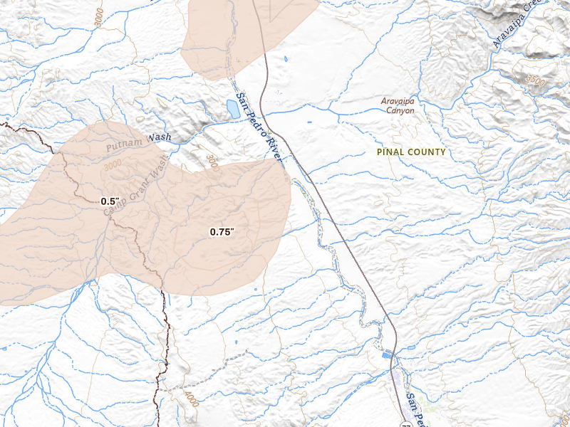 Radar-estimated hail-size map of the storm over Mammoth, AZ on Aug 19, 2026
