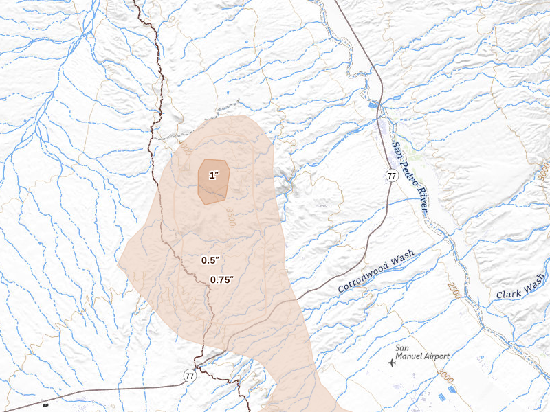 Radar-estimated hail-size map of the storm over Mammoth, AZ on Aug 27, 2026