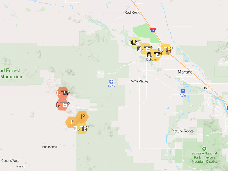 Hail map of Marana, AZ on Jul 13, 2026, hail up to 1.75"