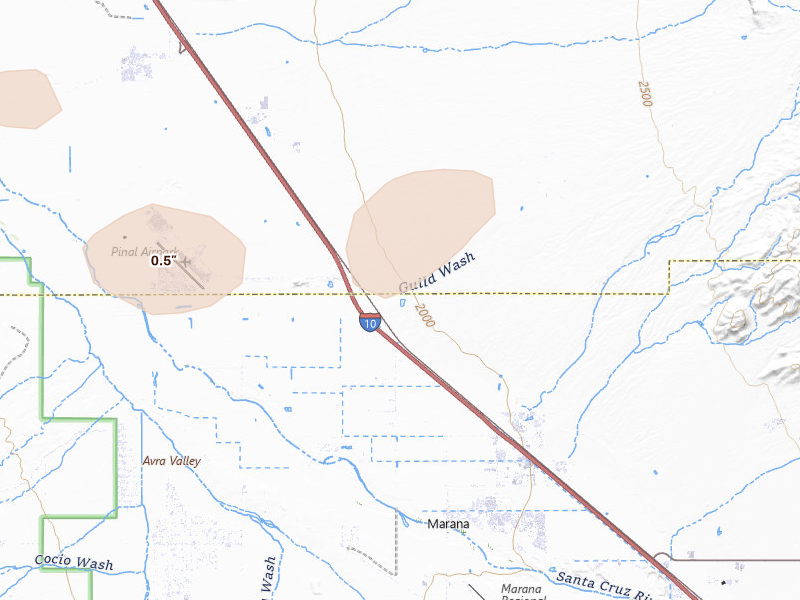 Radar-estimated hail-size map of the storm over Marana, AZ on Aug 9, 2026