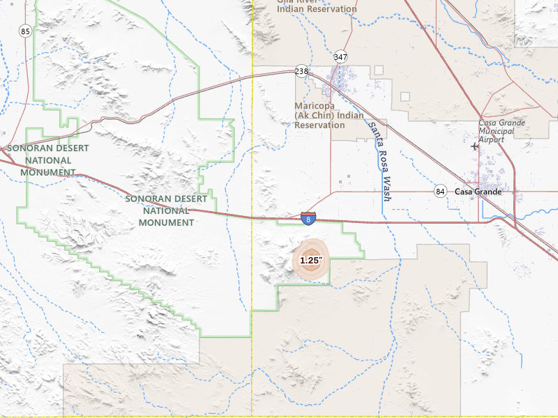 Radar-estimated hail-size map of the storm over Maricopa, AZ on Jun 15, 2026