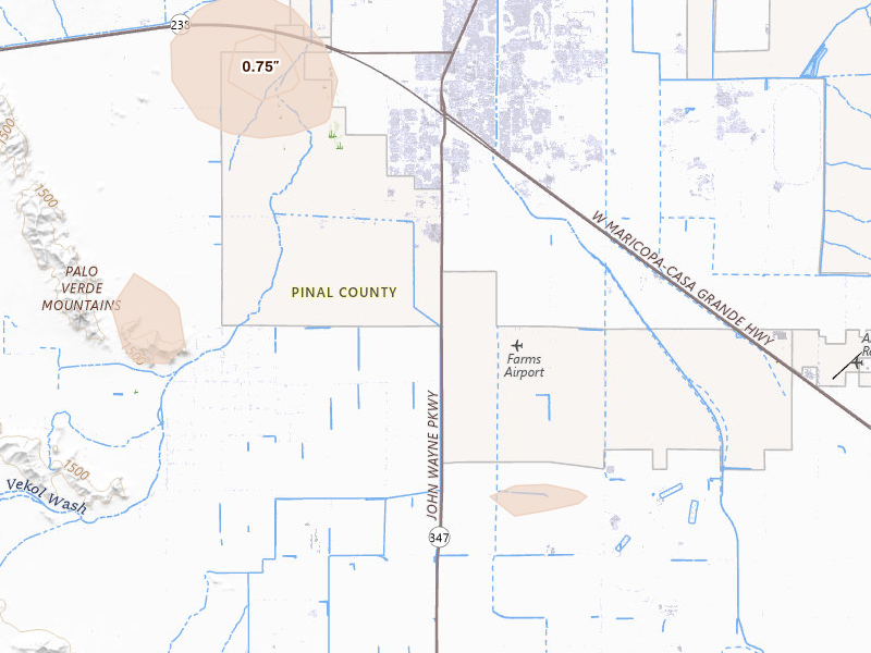 Radar-estimated hail-size map of the storm over Maricopa, AZ on Aug 23, 2026