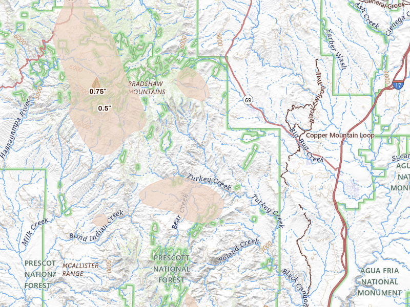 Radar-estimated hail-size map of the storm over Mayer, AZ on Jun 15, 2026