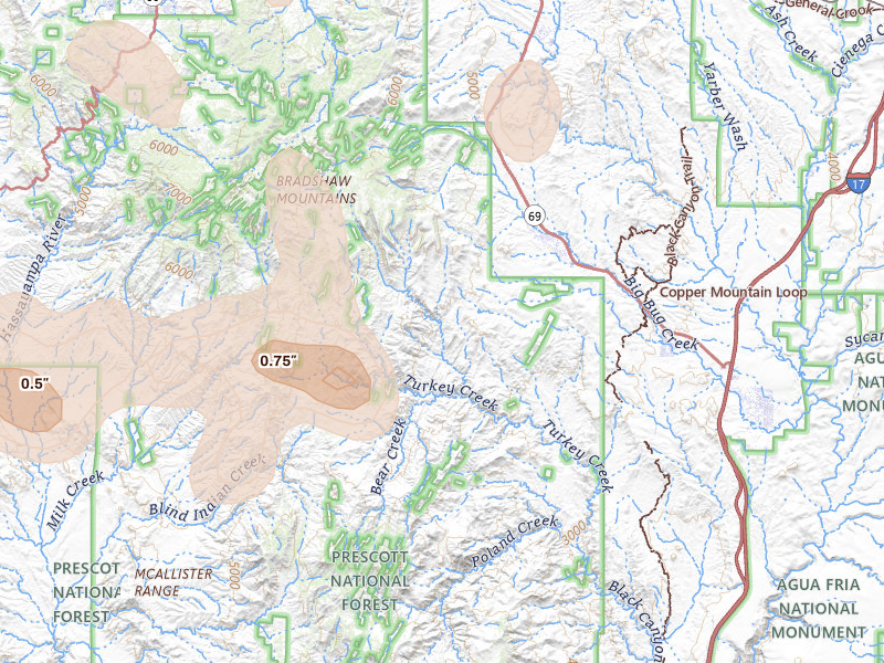 Radar-estimated hail-size map of the storm over Mayer, AZ on Jul 12, 2026