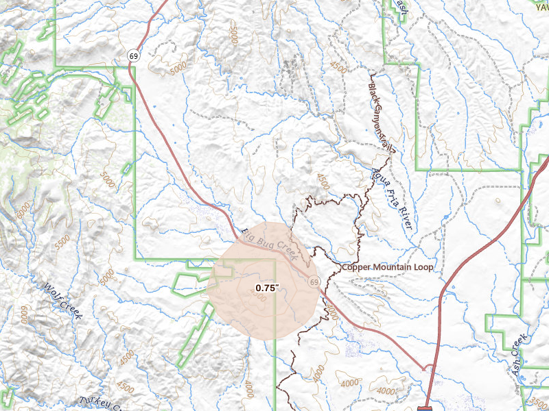 Radar-estimated hail-size map of the storm over Mayer, AZ on Aug 10, 2026
