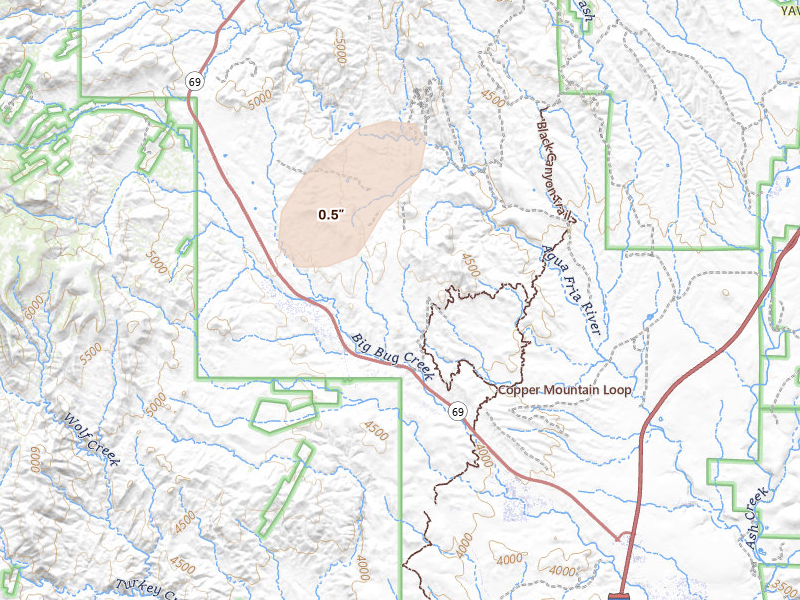 Radar-estimated hail-size map of the storm over Mayer, AZ on Aug 29, 2026