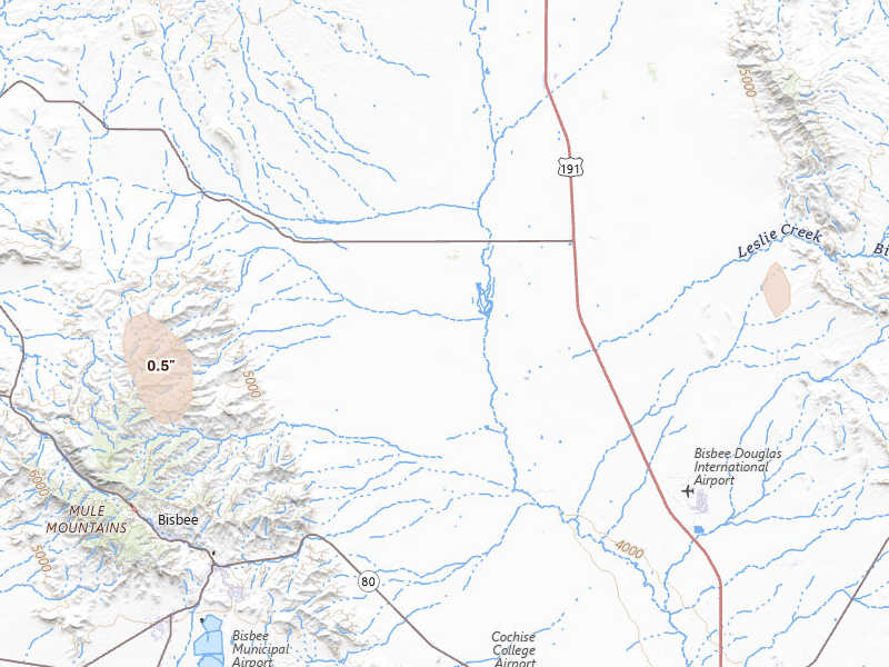 Radar-estimated hail-size map of the storm over Mc Neal, AZ on Jul 9, 2026