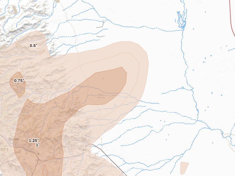 Radar-estimated hail-size map of the storm over Mc Neal, AZ on Aug 5, 2026