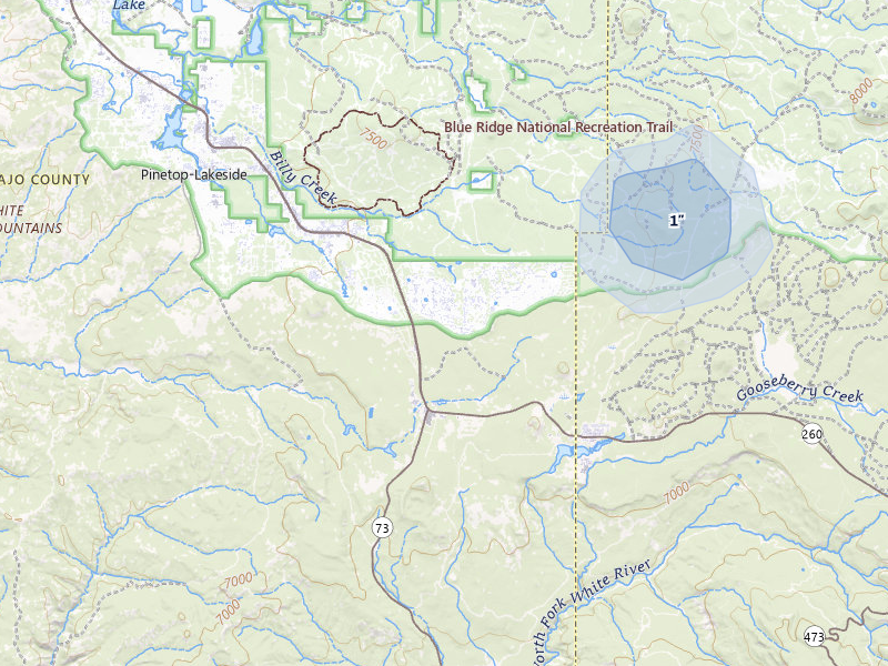 NEXRAD radar-signature map of the hail storm over Mcnary, AZ on Jul 23, 2026