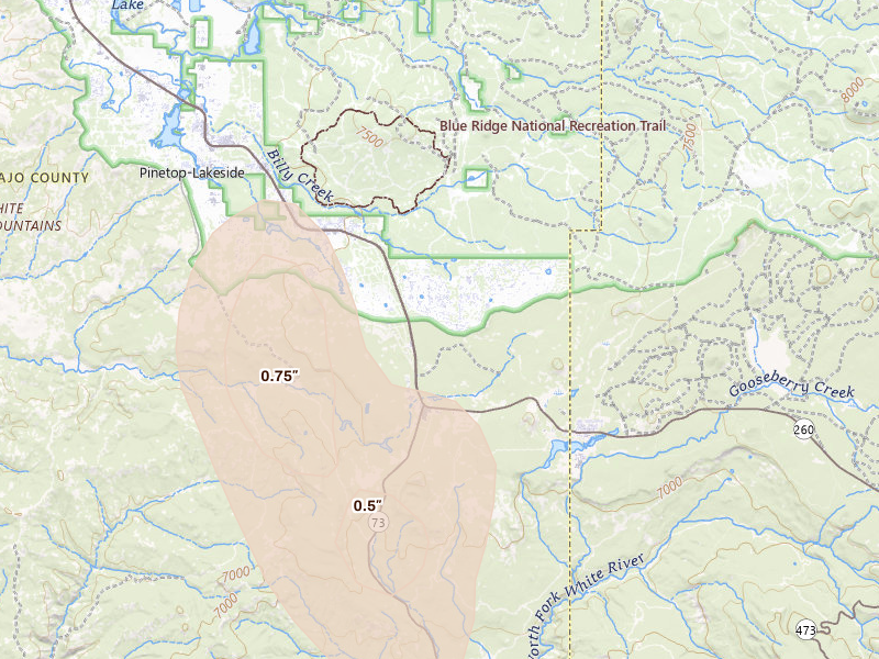 Radar-estimated hail-size map of the storm over Mcnary, AZ on Jul 27, 2026