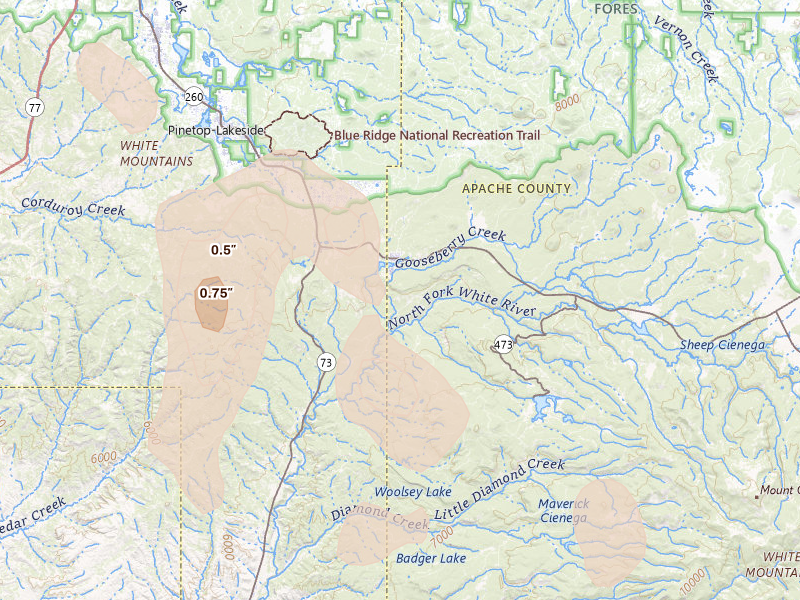 Radar-estimated hail-size map of the storm over Mcnary, AZ on Aug 5, 2026