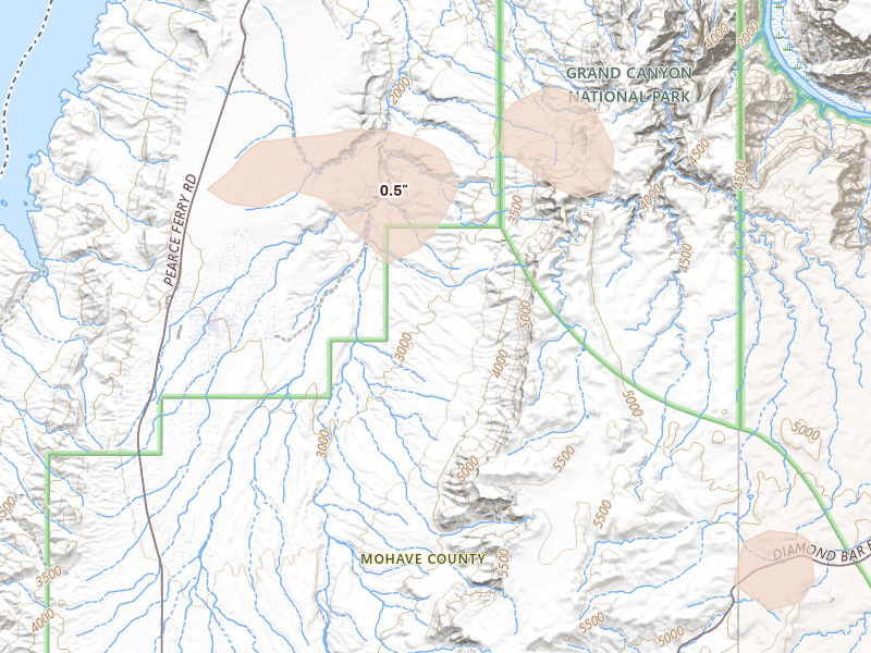 Radar-estimated hail-size map of the storm over Meadview, AZ on Jul 20, 2026