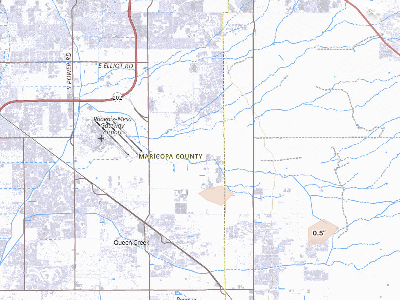 Radar-estimated hail-size map of the storm over Mesa, AZ on Aug 19, 2026