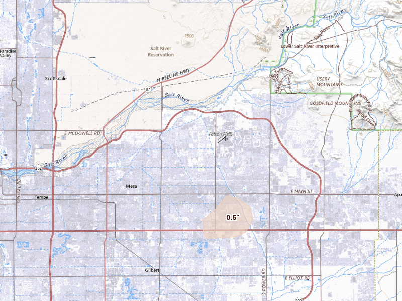 Radar-estimated hail-size map of the storm over Mesa, AZ on Sep 16, 2026