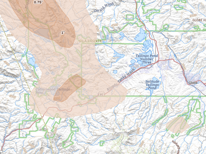 Radar-estimated hail-size map of the storm over Miami, AZ on Aug 9, 2026