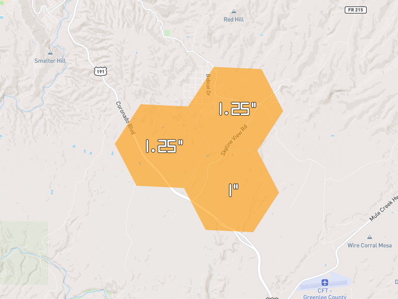 Hail map of Morenci, AZ on Jul 11, 2026, hail up to 1.25"